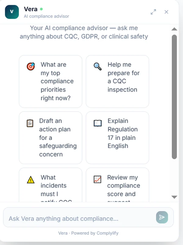 Ask Vera panel offering suggested compliance questions and a free-text input